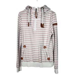 WANAKOME Hoodie Womens Medium Pink White Striped 1/4 Zip Cowl Neck Pullover